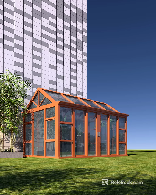 Orange Frame Glass Greenhouse with Building and Green Plants in Blue Sky 3d model 