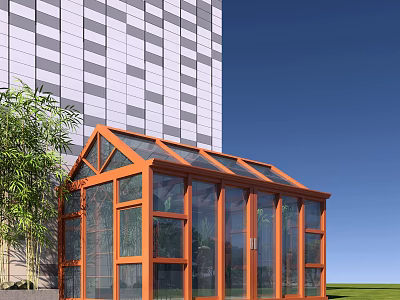 Orange Frame Glass Greenhouse with Building and Green Plants in Blue Sky 3d model