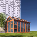 Orange Frame Glass Greenhouse with Building and Green Plants in Blue Sky