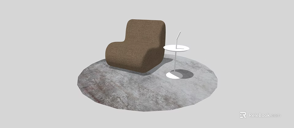Modern Brown Single Sofa With White Round Side Table And Gray Textured Carpet 3d model