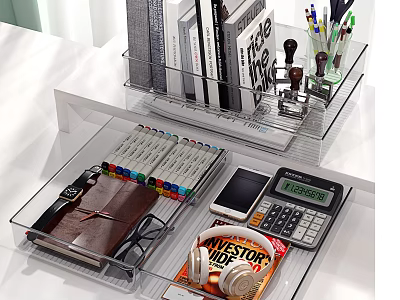Organized Desk With Clear Organizers Books Stationery Calculator Phone And Headphones 3d model