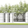 Modern Building Facade With Stone Surface Golden Lettering Black Fence And Background Green Trees