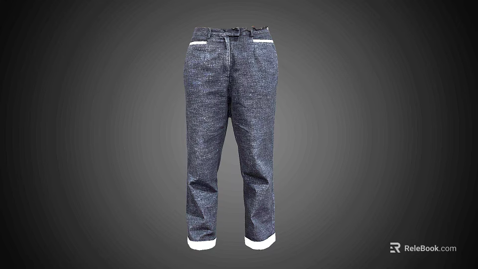 Dark Blue Denim Jeans With White Cuffed Hems And Front Pockets 3d model 