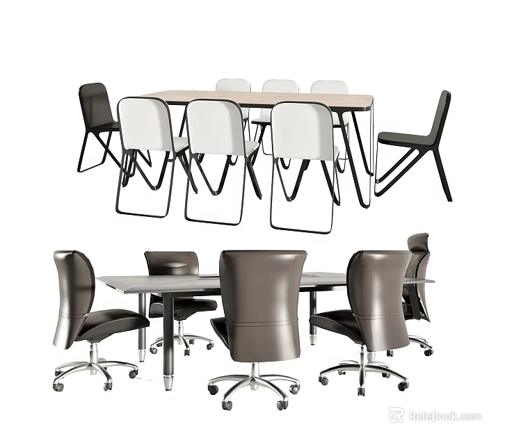 Modern Conference Table with Folding Chairs and Swivel Office Chairs in White Black and Gray 3d model 