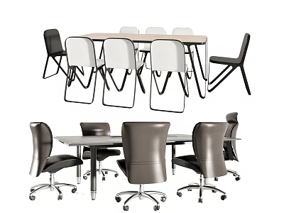 Modern Conference Table with Folding Chairs and Swivel Office Chairs in White Black and Gray 3d model