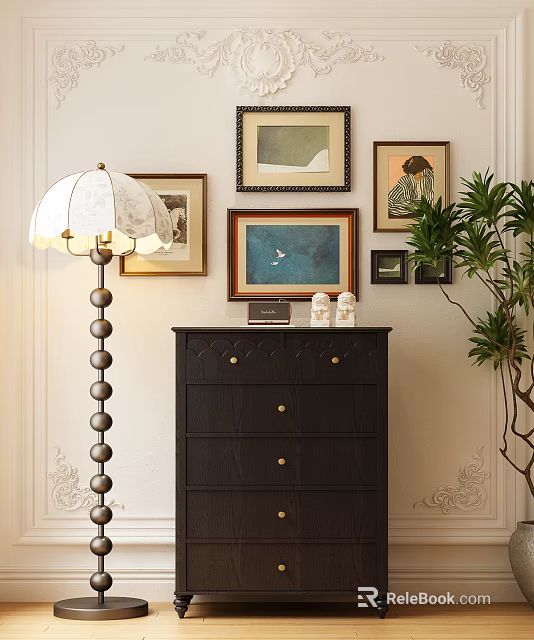 Stylish Entryway Cabinet With Framed Paintings Floor Lamp And Green Plant Decor 3d model 