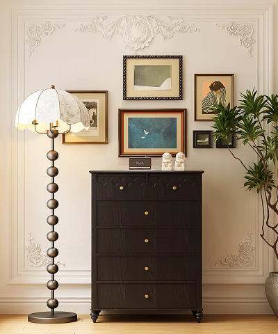 Stylish Entryway Cabinet With Framed Paintings Floor Lamp And Green Plant Decor 3d model