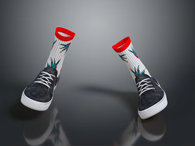 Stylish Black Shoes With White Socks Featuring Red Cuffs And Green Plant Patterns 3d model