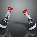 Stylish Black Shoes With White Socks Featuring Red Cuffs And Green Plant Patterns