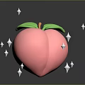 Cartoon Style Pink Peach With Green Leaves And White Stars On Black Background With Reflections
