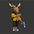 Cartoon Moose Character In Yellow Jacket And Purple Shirt Holding Phone And Colorful Drink