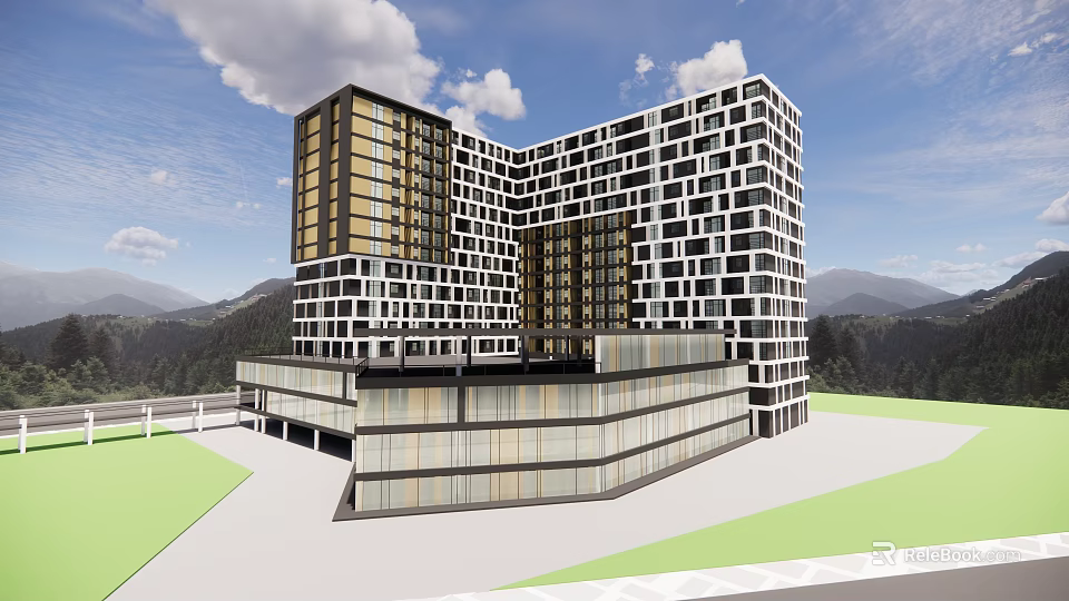 Modern Office Building Exterior Design With Glass Curtain Wall Square Windows And Green Landscape 3d model 