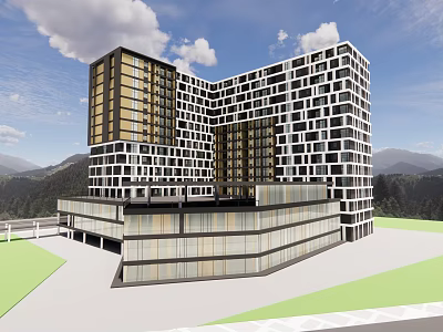 Modern Office Building Exterior Design With Glass Curtain Wall Square Windows And Green Landscape 3d model