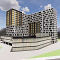 Modern Office Building Exterior Design With Glass Curtain Wall Square Windows And Green Landscape