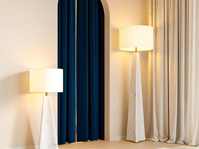 Stylish White Floor Lamps with White Shades Navy Blue Beige Curtains Light Wall Wooden Floor 3d model