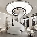 Modern Beauty and Hair Salon Interior Featuring Spiral Staircase Reception Desk and Large Windows