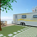 Scenic Outdoor Caravan Area With Cherry Blossom Trees Dining Table Paved Patio And Green Grass
