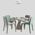 Round Dining Table Set with Four Green and Gray Chairs and Tableware Under Ceiling Lamp 3d model
