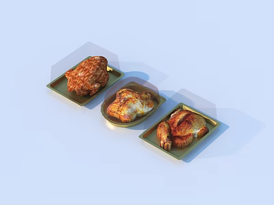 Three Different Roasted Chicken Dishes on Golden Plates Light Blue Background 3d model