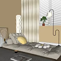 Warm Living Room Interior With Beige Curtains Window Blinds Floor Lamp And Potted Plant