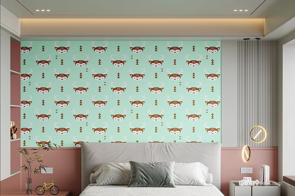 Modern Bedroom Accent Wall With Cartoon Tiger Patterns On Mint Green 3d model 