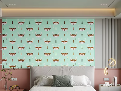 Modern Bedroom Accent Wall With Cartoon Tiger Patterns On Mint Green 3d model