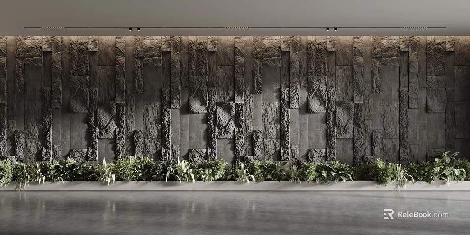 Modern Textured Stone Background Wall With Green Plants And Gray Concrete Floor 3d model 