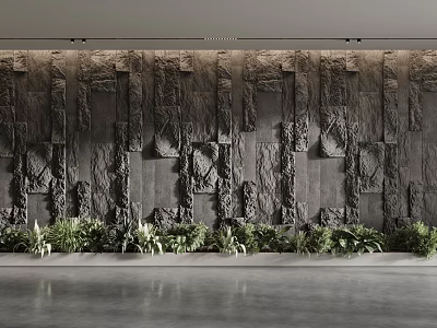 Modern Textured Stone Background Wall With Green Plants And Gray Concrete Floor 3d model