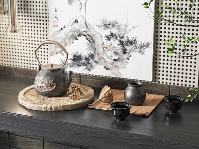 Traditional Tea Set With Cast Iron Teapot Ceramic Cups And Bamboo Tray On Wooden Table 3d model
