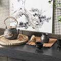 Traditional Tea Set With Cast Iron Teapot Ceramic Cups And Bamboo Tray On Wooden Table