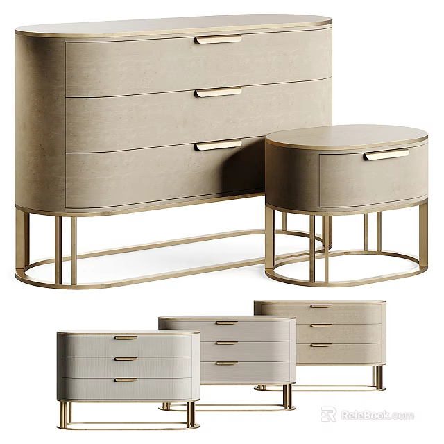 Light Beige Minimalist Bedside Tables With Drawer Storage And Gold Legs Design 3d model 