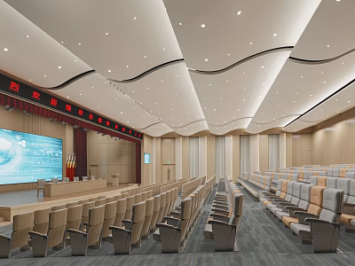 Modern Conference Hall Interior With Curved Ceiling Large Screen And Rows Of Seats 3d model