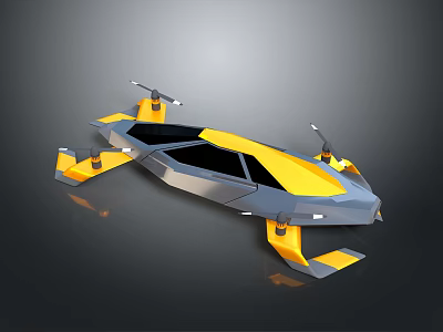 Futuristic Yellow And Gray Flying Vehicle With Multi Rotor Propellers And Cockpit 3d model