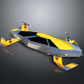 Futuristic Yellow And Gray Flying Vehicle With Multi Rotor Propellers And Cockpit