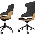 Modern Office Chair with Wooden Frame Black Upholstered Seat and Swivel Base on Wheels