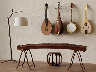 Traditional Musical Instruments Display With Guzheng Lute Banjo And Acoustic Guitar On Wall And Stand 3d model