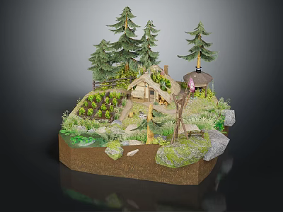 Cartoon Scene Featuring Small Wooden House Pine Trees Vegetable Garden Grass And Stones 3d model