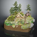 Cartoon Scene Featuring Small Wooden House Pine Trees Vegetable Garden Grass And Stones