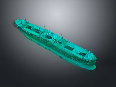 Ancient Underwater Shipwreck with Green Hull and Multiple Cabins Structure 3d model