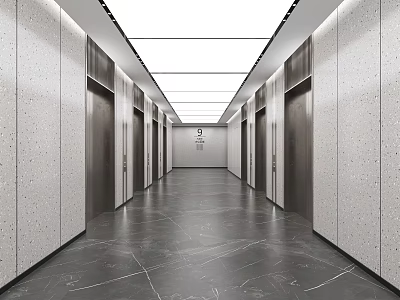 Modern Elevator Hallway With Multiple Elevator Doors Polished Marble Floor Light Walls And Ceiling Lighting 3d model