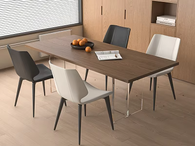 Modern Interior Wooden Dining Table Set With Black White Chairs Fruit Bowl And Open Book 3d model