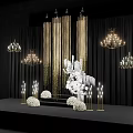 Elegant Floral Decor Stage Design With Golden Curtains White Flowers Chandeliers And Candle Holders