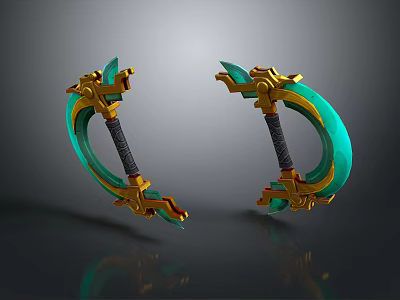 Two Ornate Weapons With Green Blades Golden Decorations And Black Handles 3d model