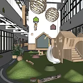 Bright Kindergarten Interior With Green Turf Floor Wooden Playhouse Slide Hanging Spherical Lights And Large Windows