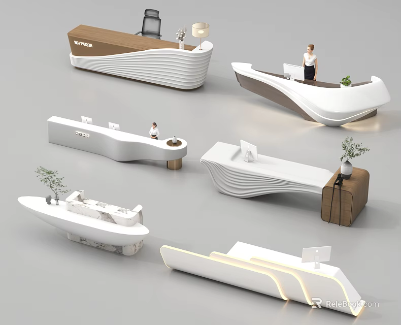 Modern Reception Desks In Various Styles With Curved Shapes White Brown And Plants 3d model 