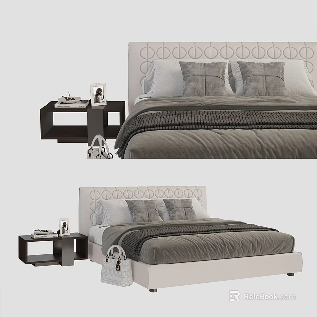 Modern Double Bed With Circular Pattern Headboard Gray Bedding And Nightstand 3d model