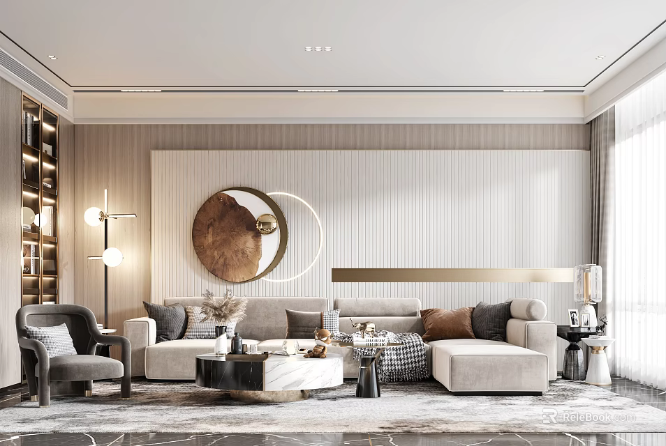 Modern Living Room Interior With Round Decorative Mirror Striped Wall Comfortable Sofa And Coffee Table 3d model 