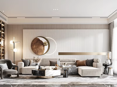 Modern Living Room Interior With Round Decorative Mirror Striped Wall Comfortable Sofa And Coffee Table 3d model