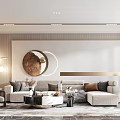 Modern Living Room Interior With Round Decorative Mirror Striped Wall Comfortable Sofa And Coffee Table