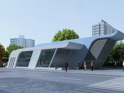 Modern Station Architecture With Curved Roof And Glass Facade Near Trees And High Rise Buildings 3d model